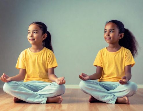 Dos niñas sentadas con piernas cruzadas, sonriendo y meditando, vestidas con camisetas amarillas.