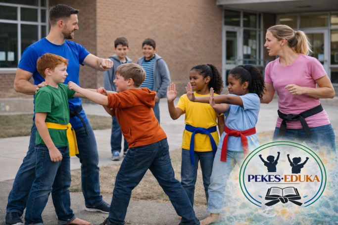 Niños practicando artes marciales con instructores en un entorno escolar.